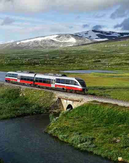 A train passing by a lake in Saltfjellet mountain area in Nordland