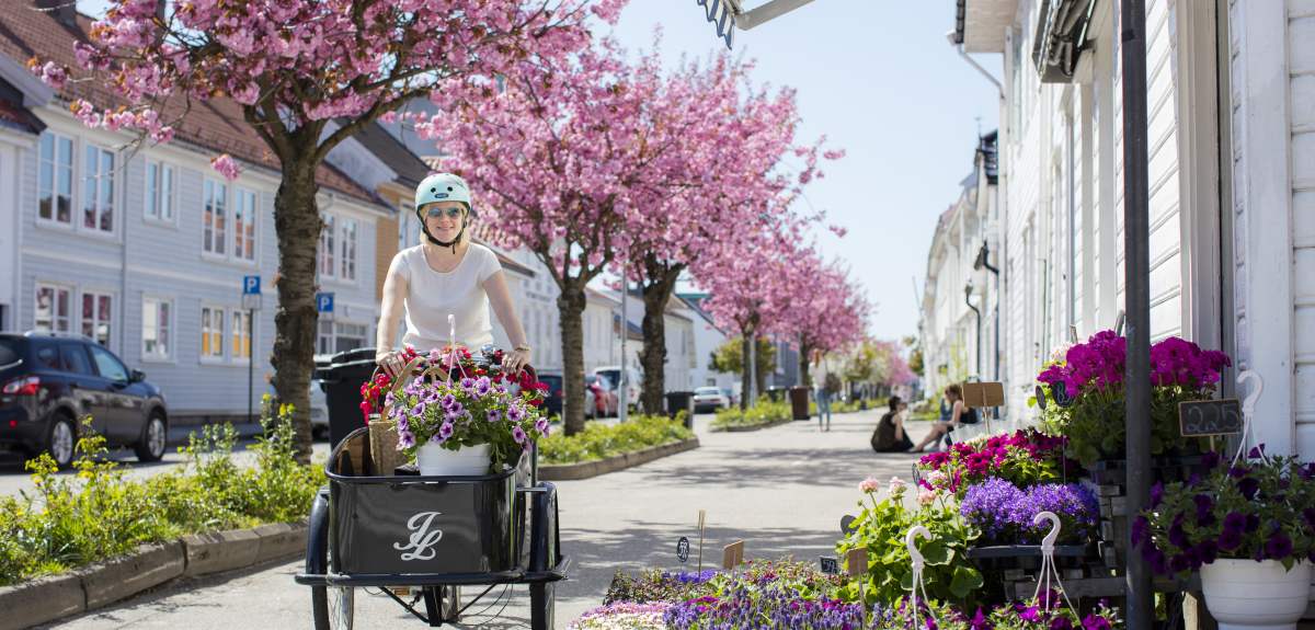 Una mujer pasea en una bicicleta cargada con plantas y flores por Posebyen, la ciudad vieja de Kristiansand, en el Sur de Noruega.