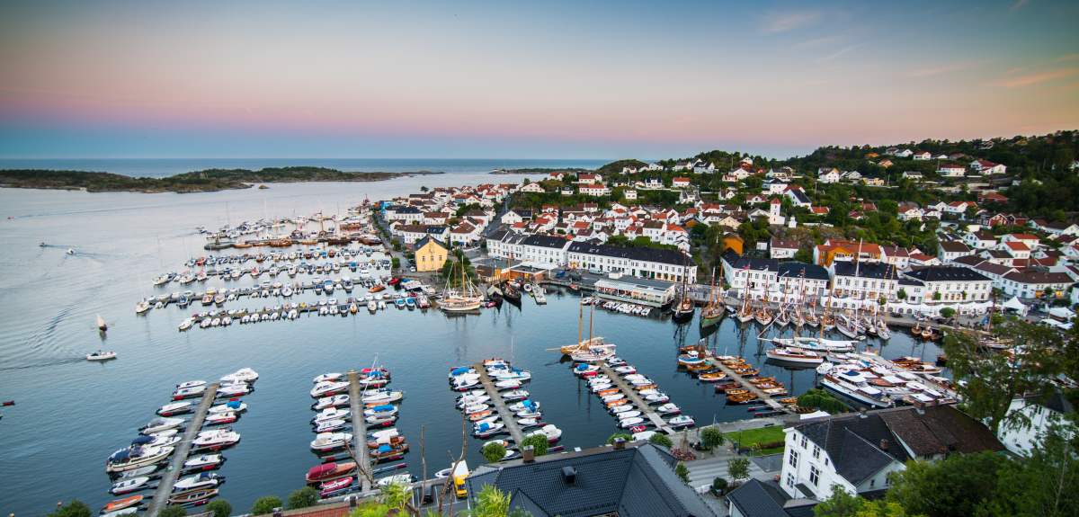 The harbour and city Risør in Southern Norway seen from viewpoint Risørflekken.