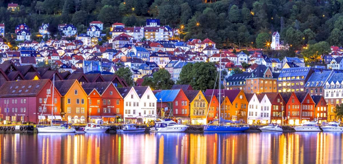 Bryggen i Bergen from the sea in the evening