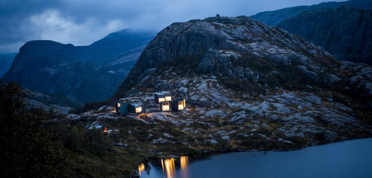 The cabins of Skåpet in Ryfylke at dusk