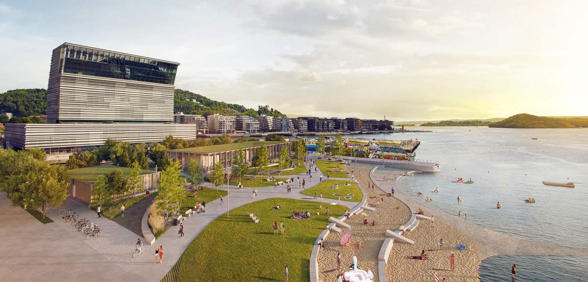 An architectural drawing of the Munch Museum and Operastranda beach in Bjørvika in Oslo, Eastern Norway