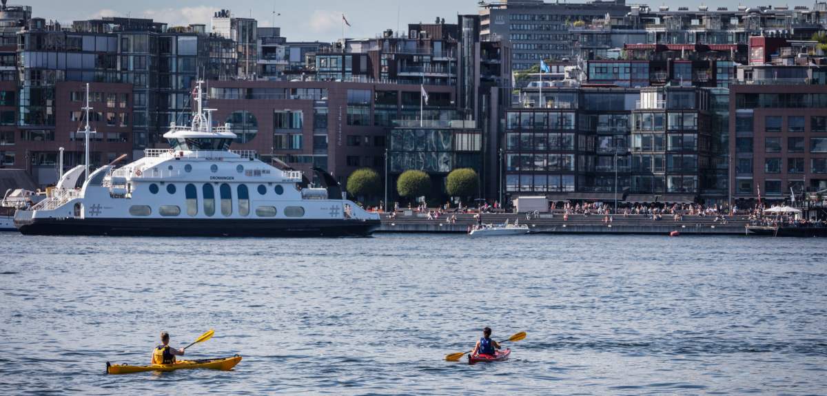 Two people kayaking near the Aker brygge wharf in Oslo, Eastern Norway