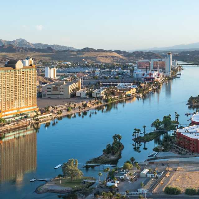 An aerial view of resorts along the stunning Colorado River in Laughlin.