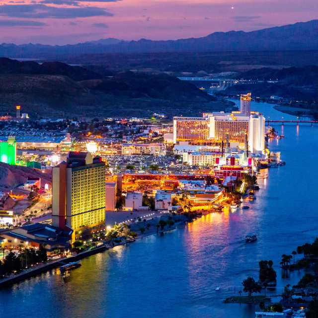 Aerial shot of Laughlin, NV at night