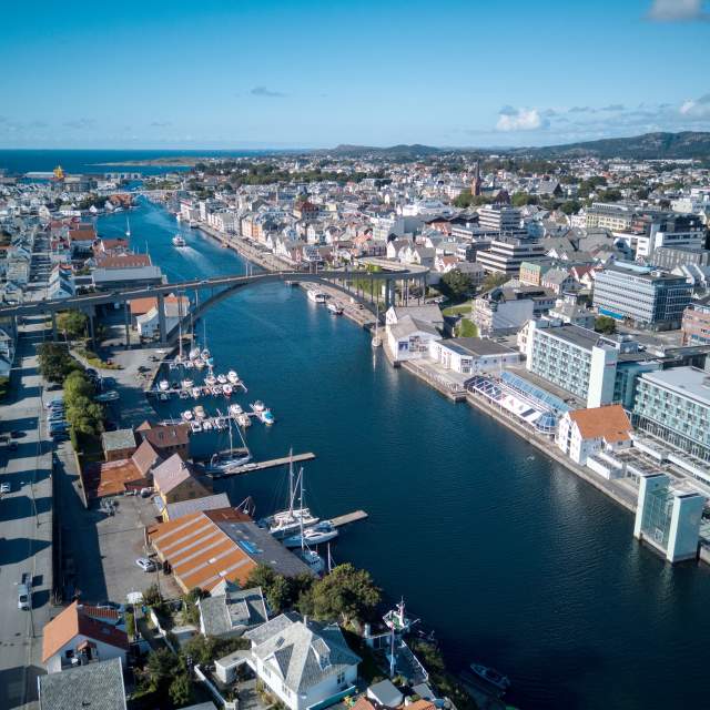 The city of Haugesund in Fjord Norway seen from the air in summer
