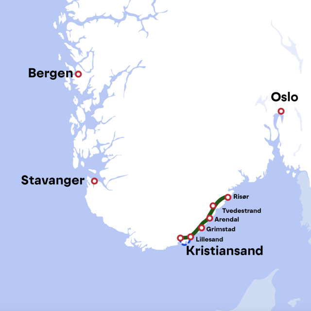 Map - Kristiansand - Lillesand - Grimstad - Arendal - Risør