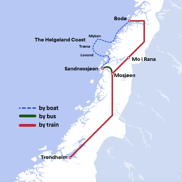 Public transportation map route from Trondheim-Helgelandskysten-Bodø
