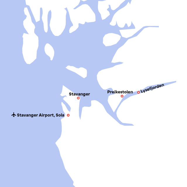 Map showing Stavanger, Stavanger Airport, Sola, Preikestolen, Lysefjorden