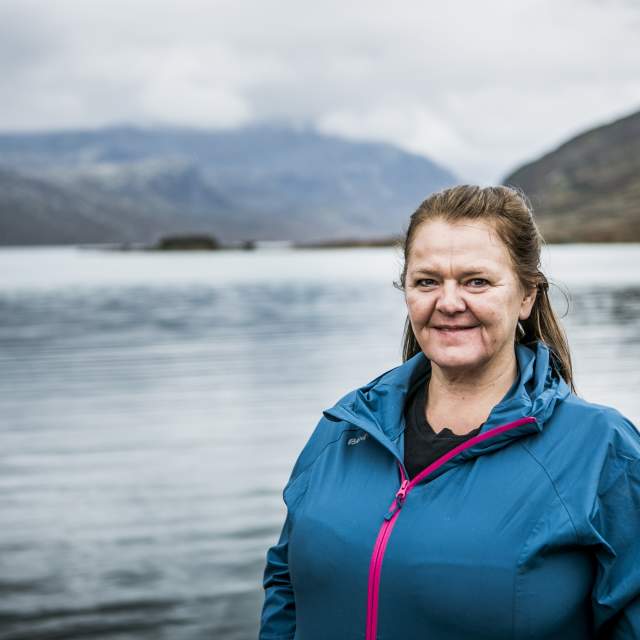 Solveig Kvålshaugen near a lake in Jotunheimen, Eastern Norway