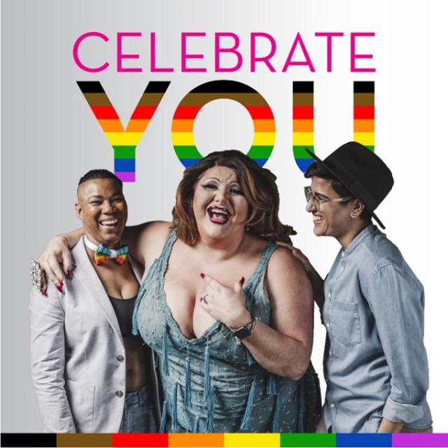 Three trans ladies arm in arm next to the words Celebrate You