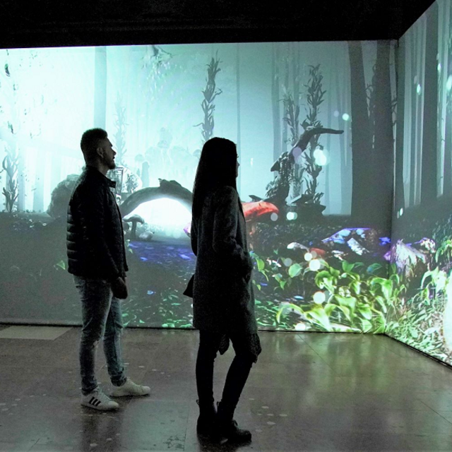 A silhouetted couple immersed in an underwater art installation