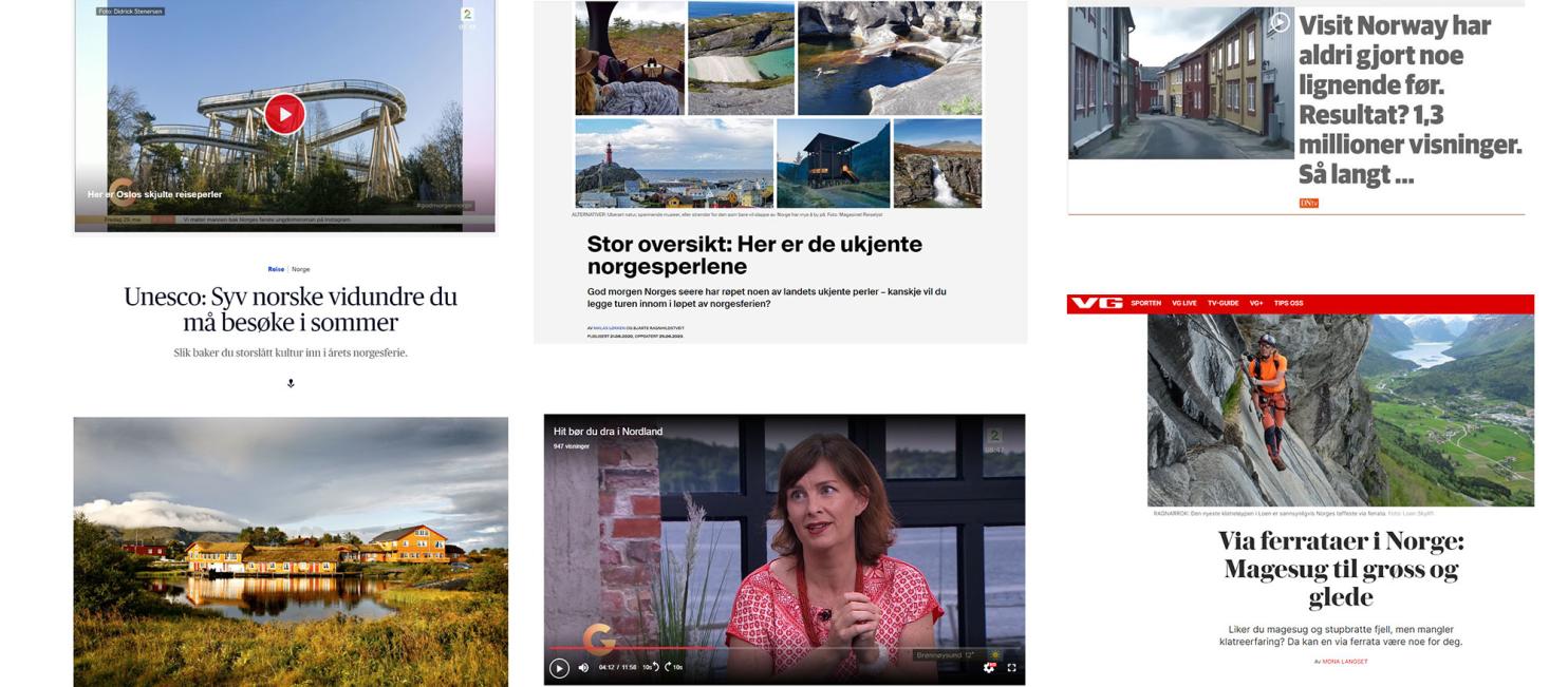 Skjermdumper pressesaker om Norge som ferieland sommeren 2020