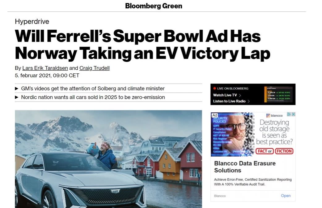 Will Ferrell's Super Bowl ad mentioned on Bloomberg.com