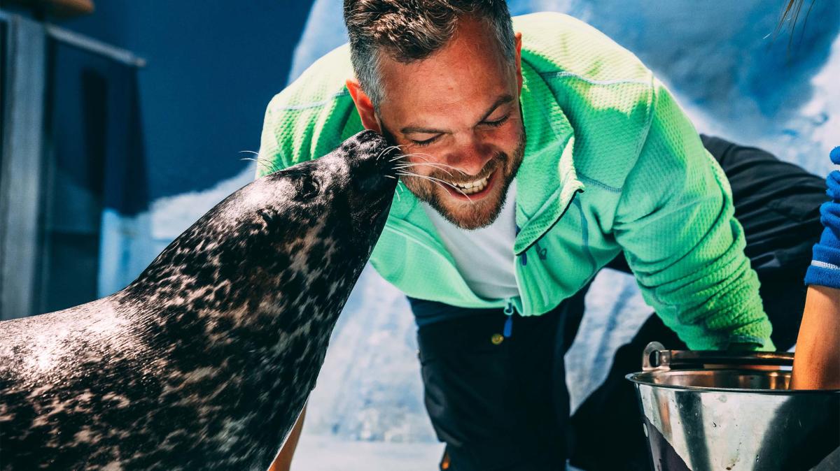 A seal is kissing his caretaker on the cheek at Polaria, the world's northernmost aquarium, in Tromsø, Northern Norway.