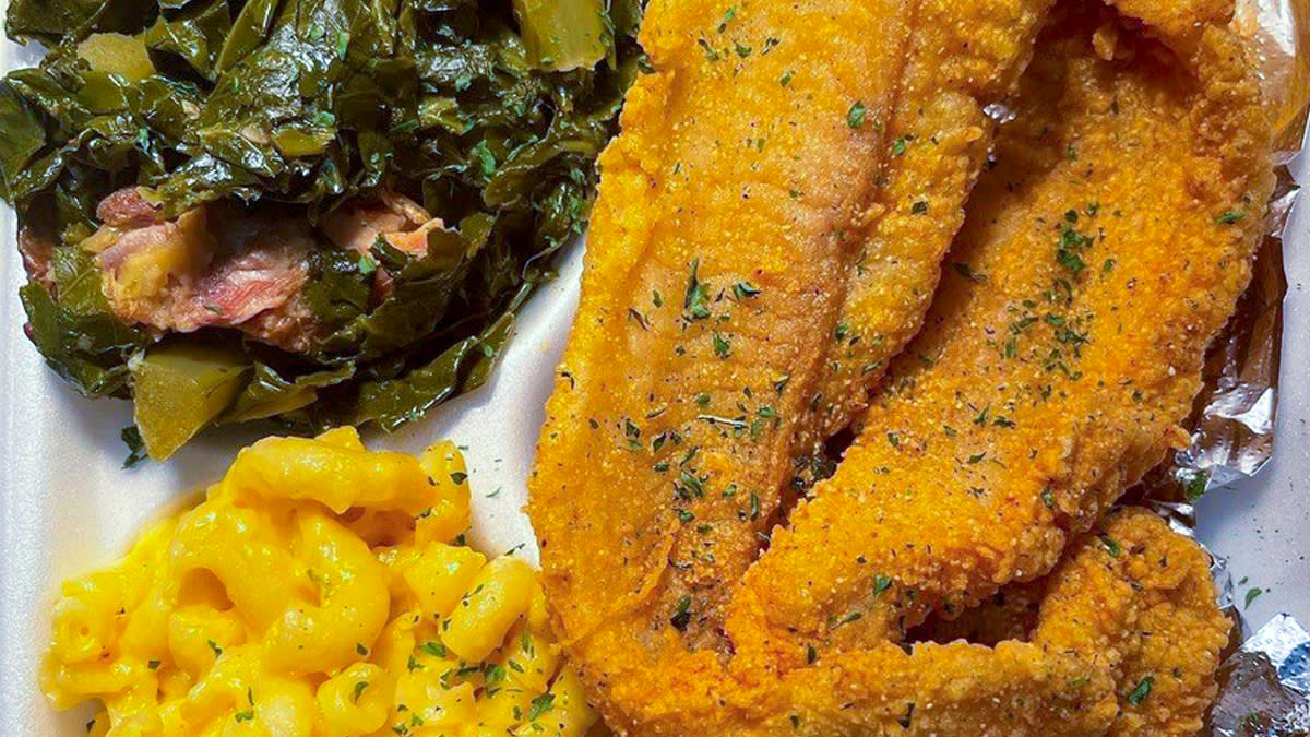 Hot Lemon Pepper Catfish, collard greens, and macaroni and cheese from Family Soul Restaurant in Las Vegas