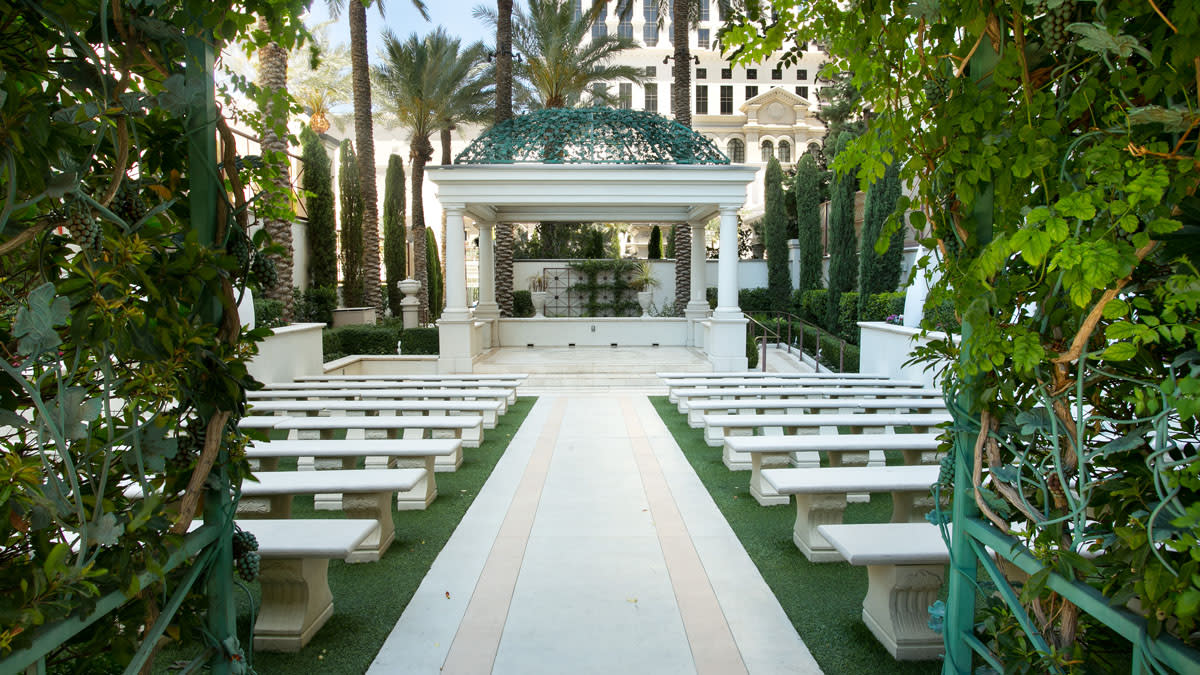 An outdoor wedding set-up at The Juno Garden at Caesars Palace in Las Vegas