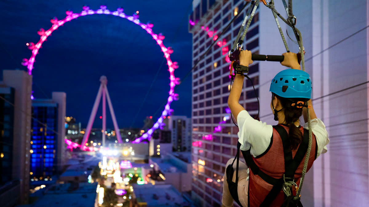 A view of the Las Vegas strip from Fly LINQ Zipline Las Vegas at the LINQ Promenade