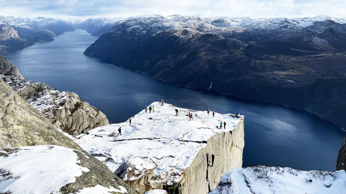 A snow-covered Preikestolen (Pulpit Rock) from above