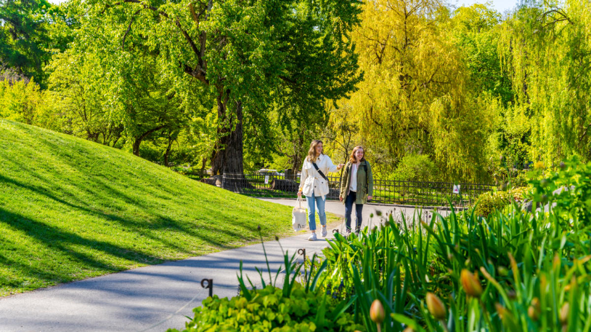 Two girls walking in Oslo Botanical Garden