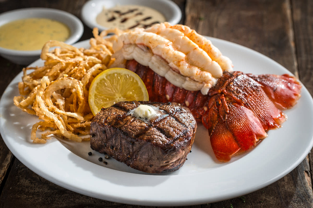 A delicious looking steak and lobster dinner at Katherine’s Steakhouse at CasaBlanca Hotel Casino Golf Spa.