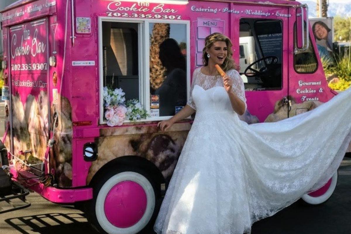 A bride standing outside of the Cookie Bar food truck at Springs Preserve Las Vegas
