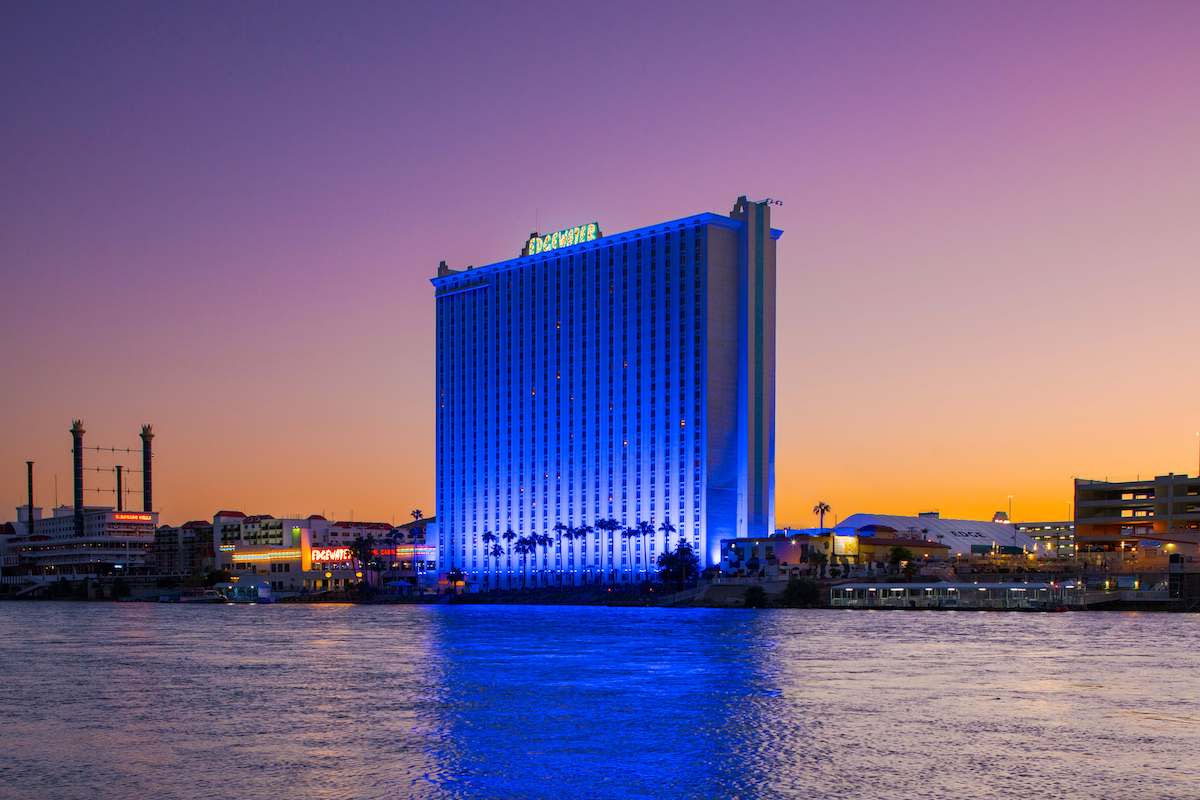 A stunning view of the Edgewater Casino Resort at night located in the beautiful Laughlin, Nevada.