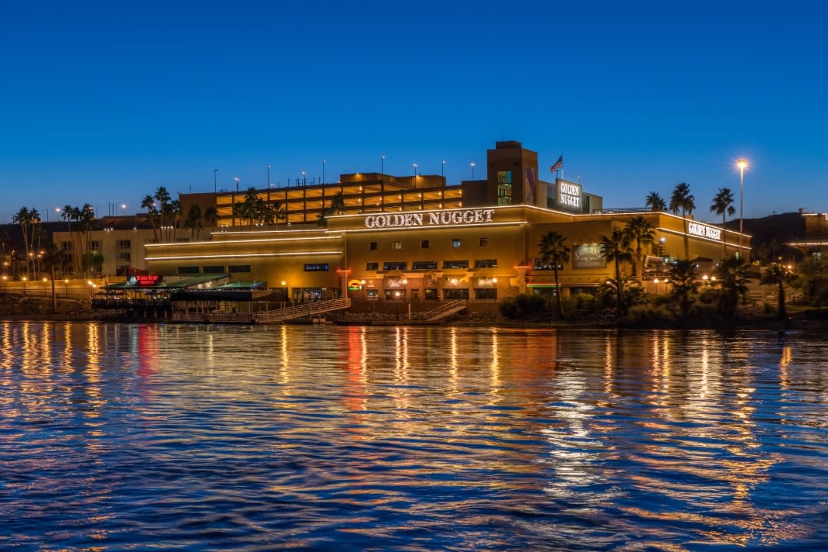 A gorgeous view of the Golden Nugget in Laughlin overlooking the water.