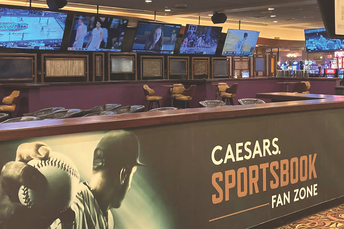 Place your bets at Caesars Sportsbook Fan Zone inside of Harrah’s Laughlin Beach Resort & Casino.