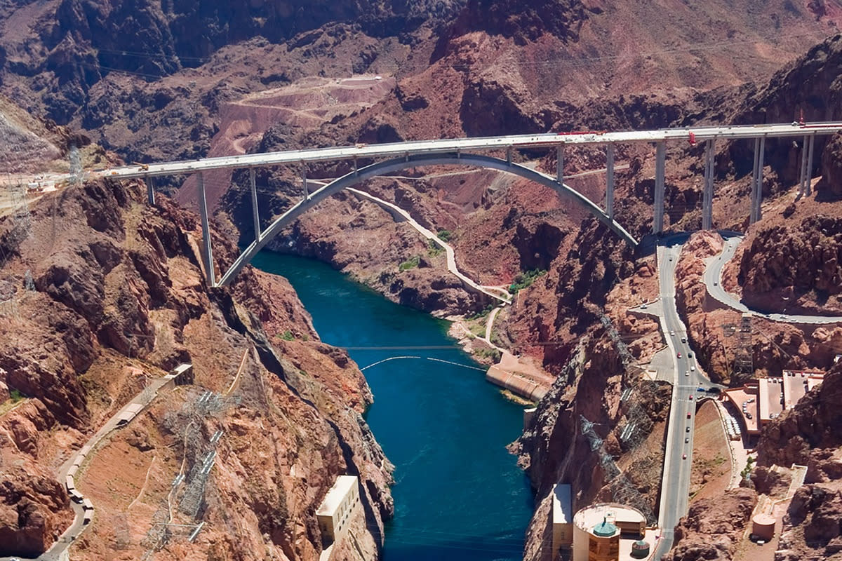 An aerial shot of the Hoover Dam.