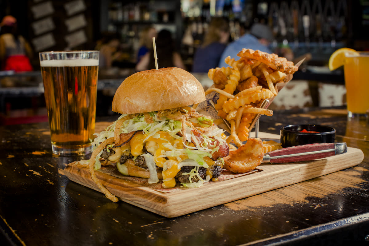 A burger, fries and a beer from Guy Fieri's Vegas Kitchen & Bar at The LINQ Hotel & Promenade