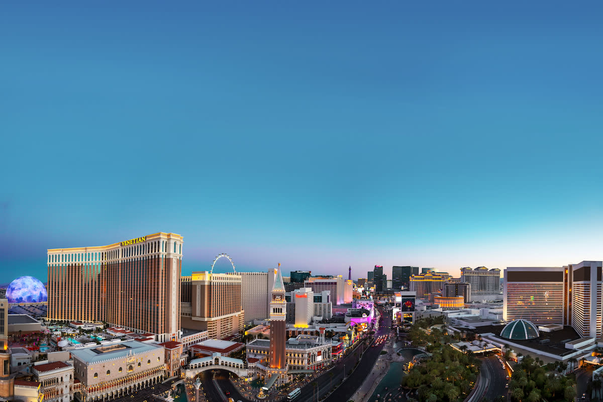 A stunning aerial view of the Las Vegas Strip at dusk.