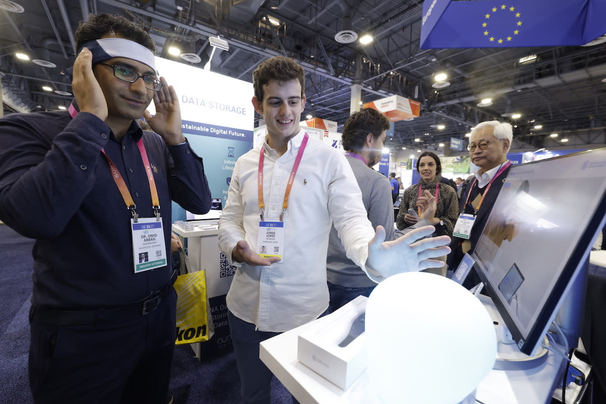 Someone demoing a product at CES Las Vegas 2023.