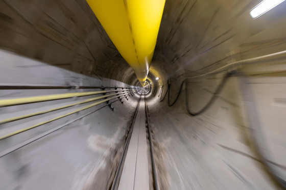 A view inside the Boring Company people mover tunnel, under construction beneath the Las Vegas Convention Center Central Halls