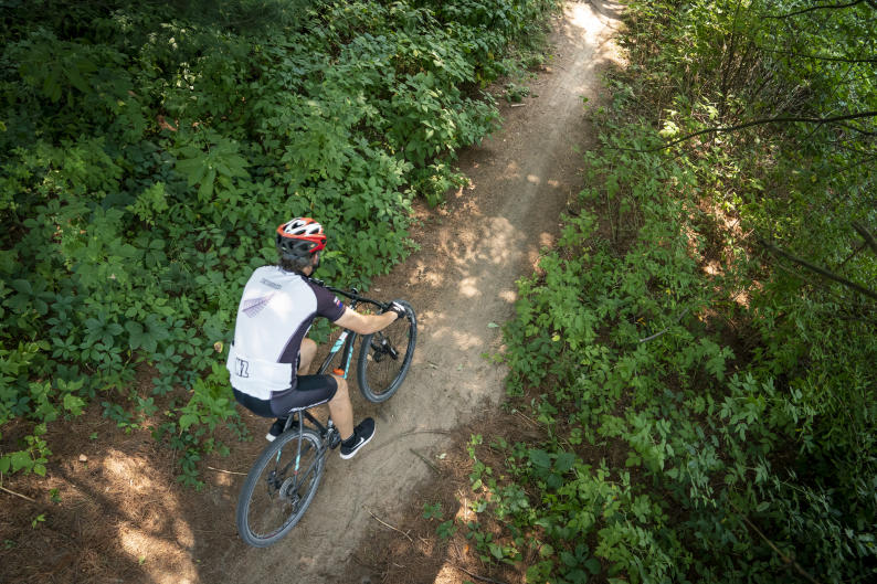 Mountain biker riding through trail in West Michigan