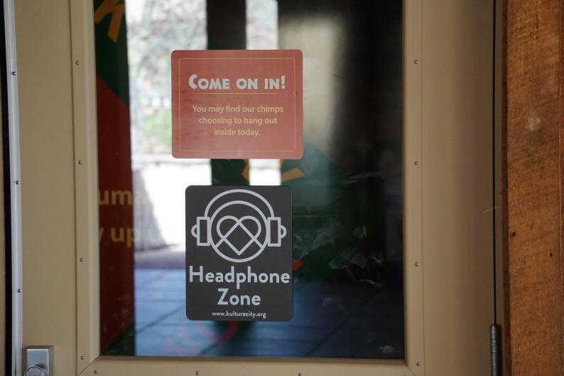 Sign on door of headphone zone at the John Ball Zoo in Grand Rapids