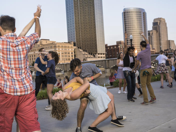 People enjoy swing dancing in downtown at both Ah-Nab-Awen Park and Rosa Parks Circle every Tuesday and Wednesday night.