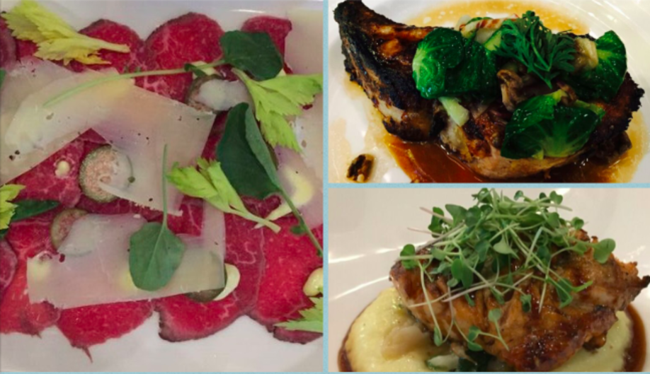 Beef Tenderloin Carpaccio, Duroc Pork Chop, and Bistro Chicken at Wheelhouse