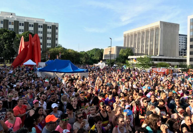 Crowd celebrating at Pride Festival 2019 in Grand Rapids