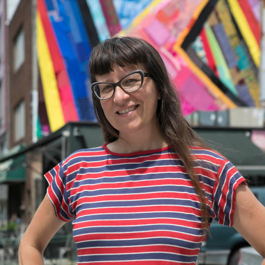 Amanda Browder, a Brooklyn-based artist, produces large-scale fabric installations for building exteriors and other public sites.