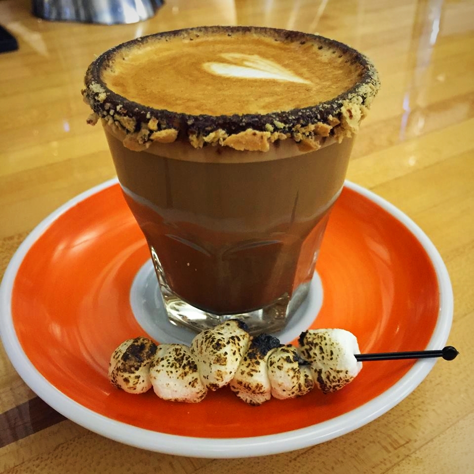 The S'mortado beverage from Roosevelt Coffee House, served with a cracker crumble rim and toasted marshmallows