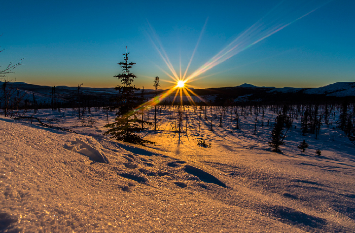 Solstice - Sun burst over snowy landscape
