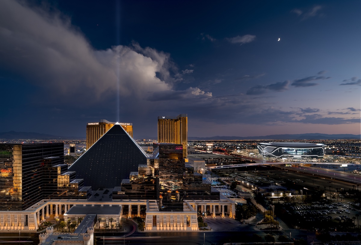Aerial view of the Luxor Hotel pyramid on the Las Vegas Strip