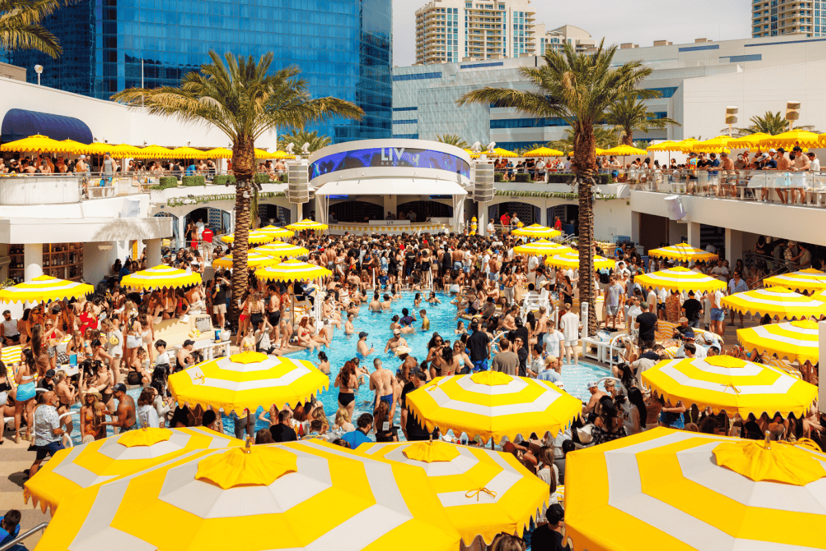 LIV Beach dayclub at Fontainebleau Las Vegas with French Riviera-inspired poolside atmosphere