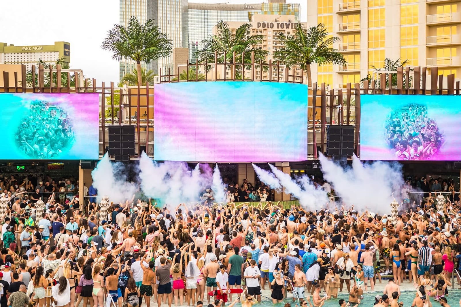 Palm Tree Beach Club at MGM Grand Las Vegas with tropical poolside atmosphere and crowd