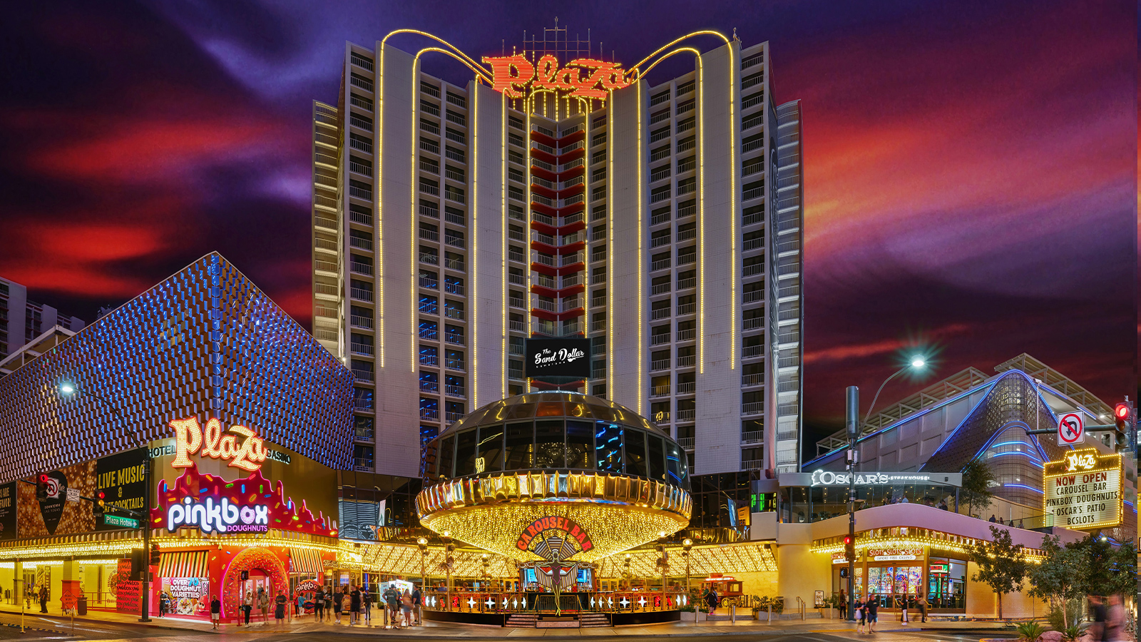 The Plaza Hotel & Casino on Fremont Street at night