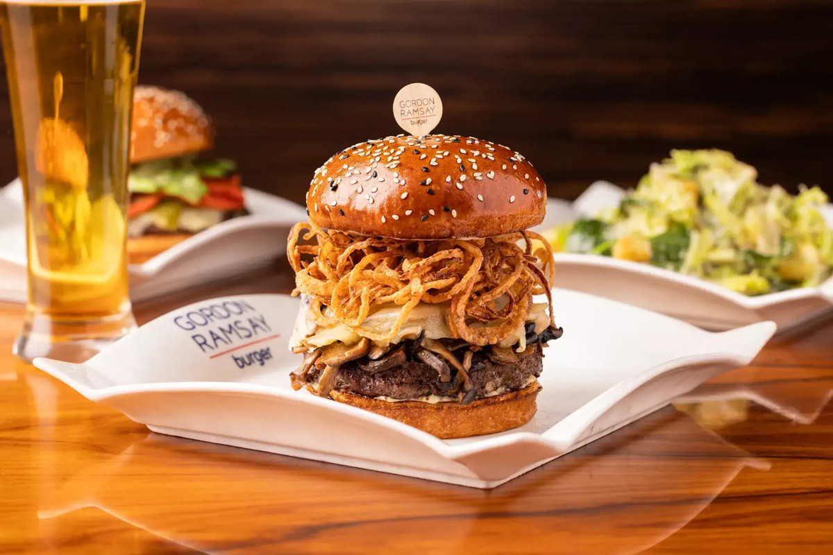 Gourmet burger and food spread at a Las Vegas restaurant