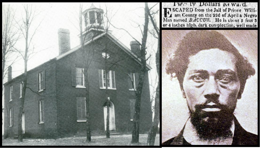 2 black and white images one of the exterior of Brentsville Courthouse the other of a wanted poster for an escaped slave