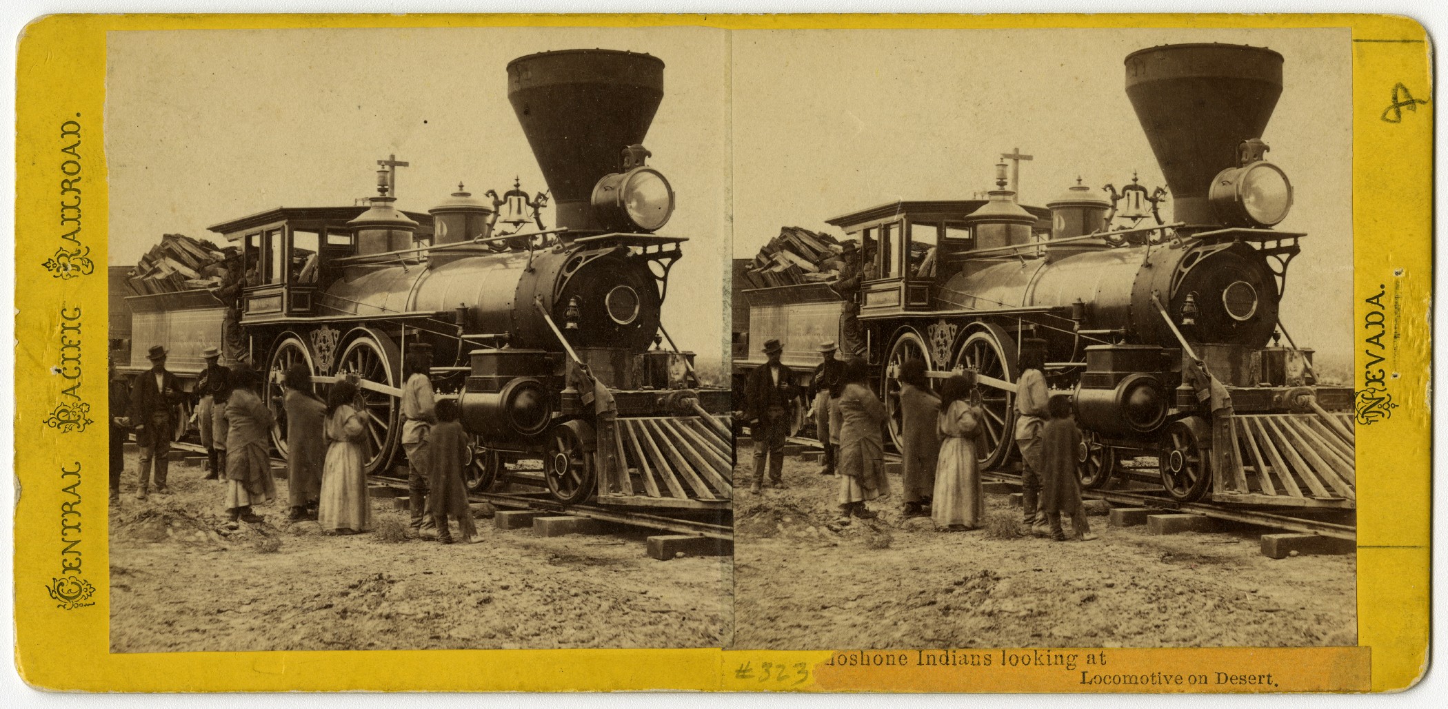 Alfred A. Hart (American, 1816–1908), Shoshone Indians Looking at Locomotives on Desert, 1868, albumen stereograph, courtesy Union Pacific Railroad Museum